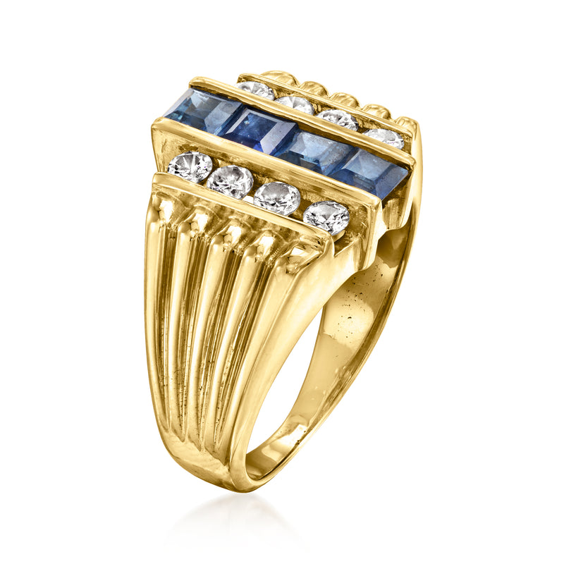 Vintage yellow gold ring with blue sapphire centerpiece and round diamond accents