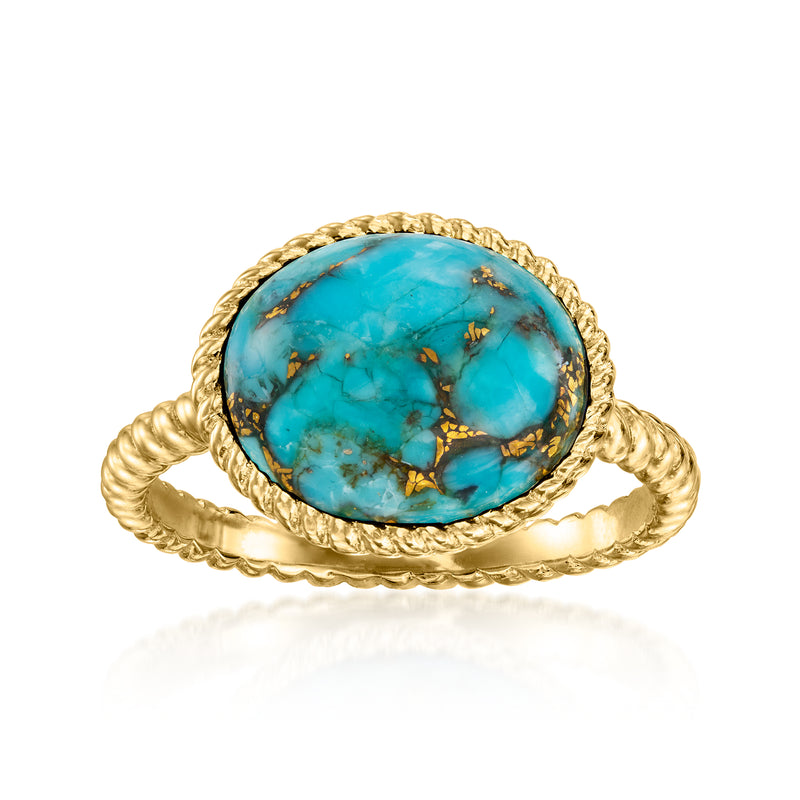 Turquoise cabochon roped ring in 18kt gold over sterling, oval gemstone setting