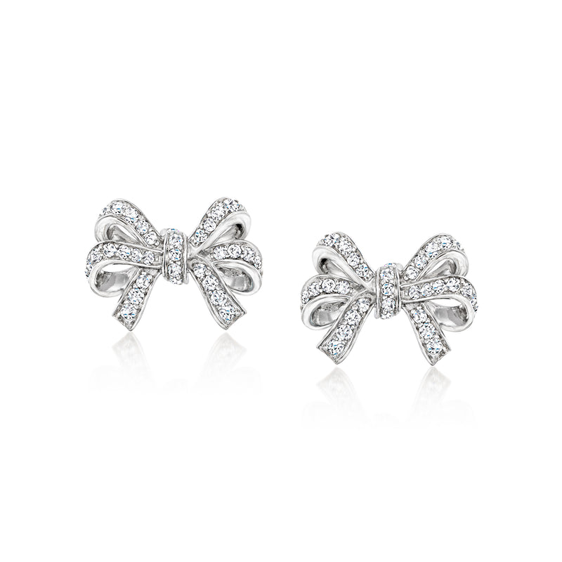 Sterling silver bow earrings with clear white topaz stones, post backs
