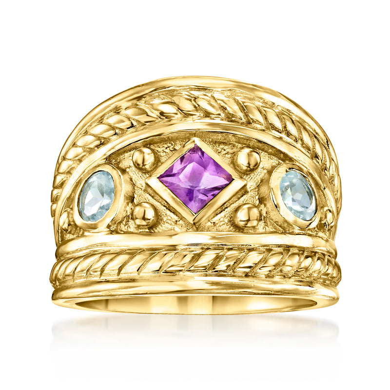 18kt gold over sterling ring with square purple amethyst center and blue side stones