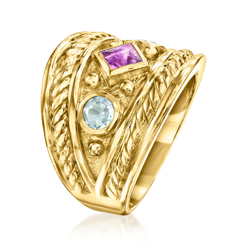 Gold over sterling ring with purple amethyst and light blue bezel-set gemstones