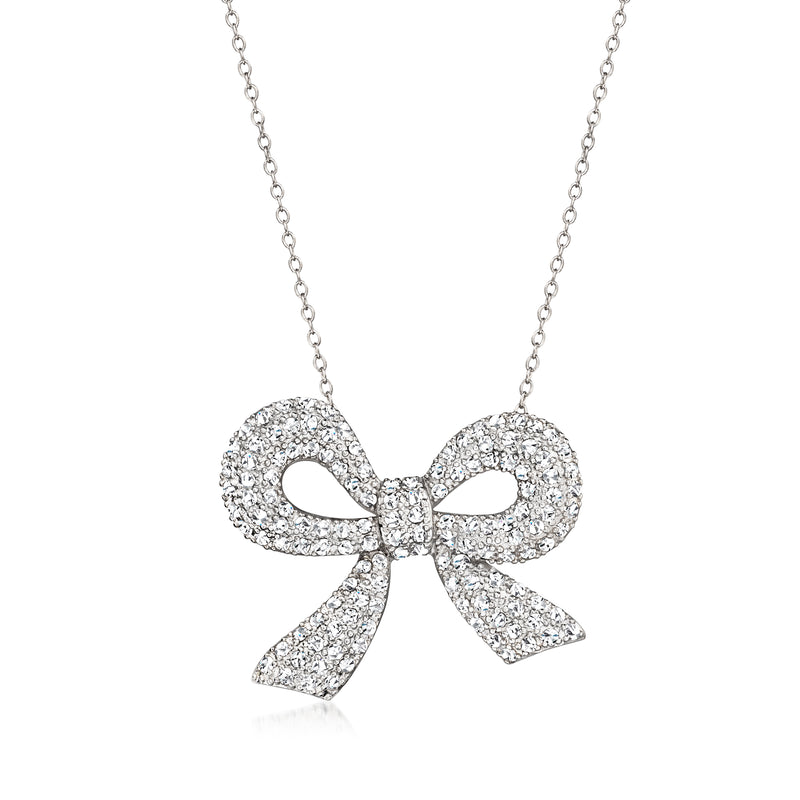 Sterling silver bow necklace with white topaz sparkle and dangling chain