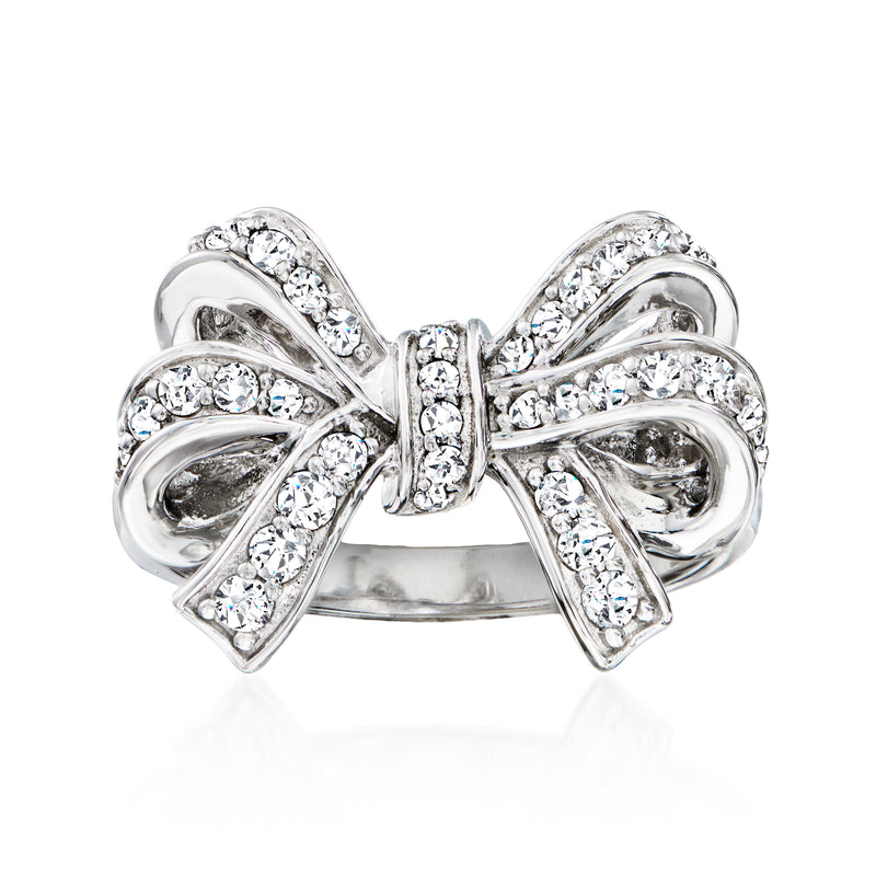 Sterling silver bow ring with white topaz-style stones, open band
