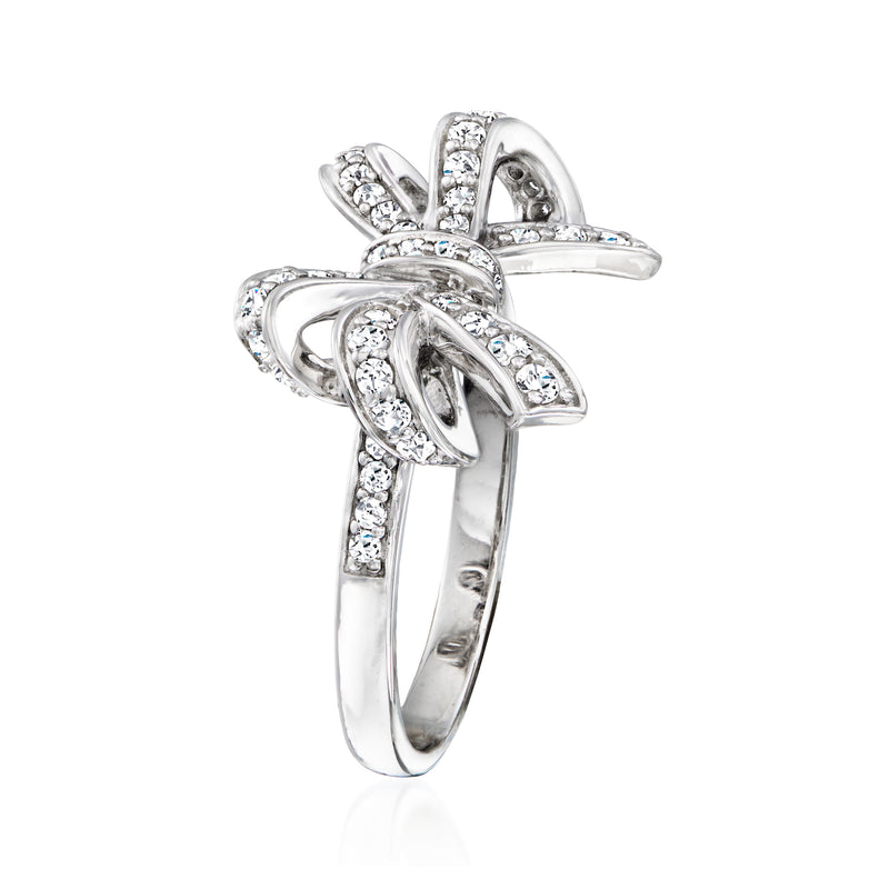 Sterling silver bow ring with clustered sparkle stones, side view