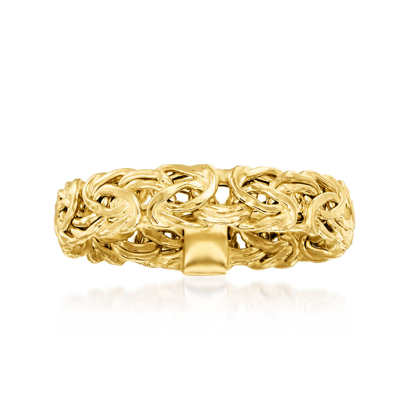 10k yellow gold Byzantine-style ring with braided texture, polished band