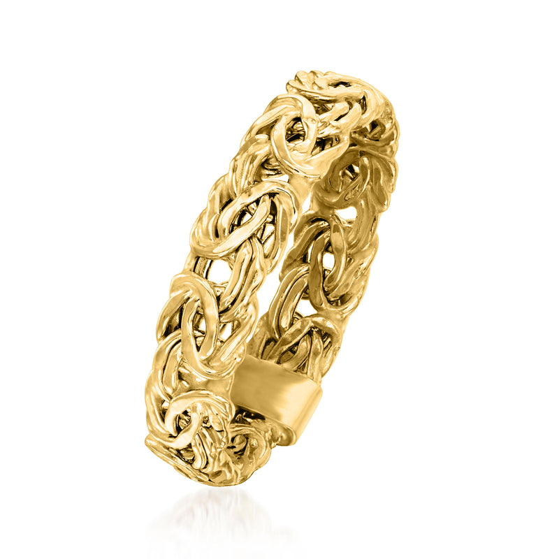 10k yellow gold Byzantine-style ring, side view of braided links and shine