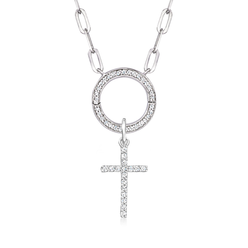 Sterling silver diamond cross charm with round diamond halo and chain links
