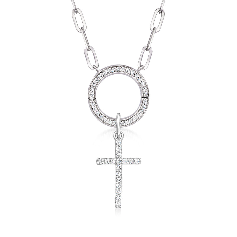 Sterling silver diamond cross charm with round halo, hanging on chain links
