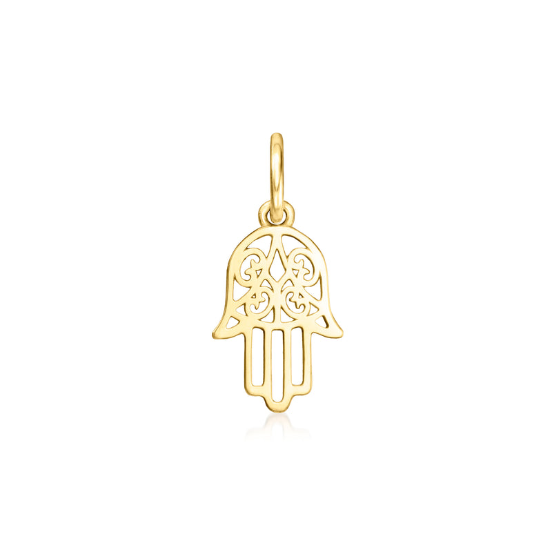 14kt yellow gold hamsa hand charm, cutout filigree with bail