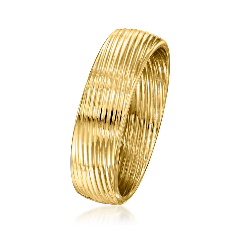 Ribbed 14kt yellow gold ring, angled view of curved ridged band