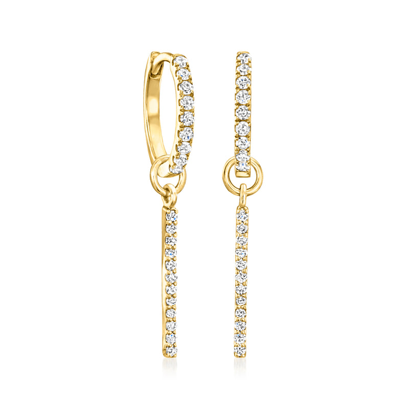 14kt yellow gold diamond bar hoop charm pair, front view with hanging links
