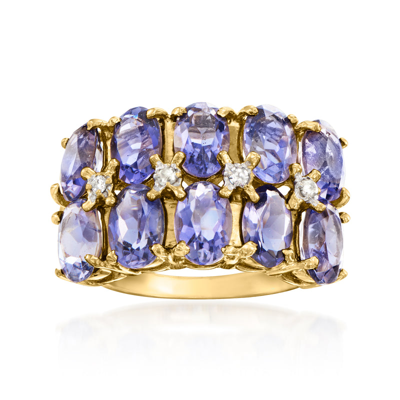14kt yellow gold ring with oval blue-violet iolite stones and diamond accents