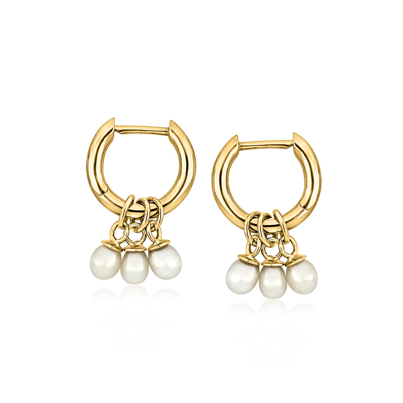Gold hoop drop earrings with three cultured pearls and linked charm cluster