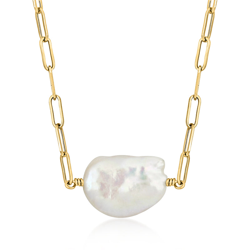 14kt yellow gold link necklace with baroque cultured pearl pendant
