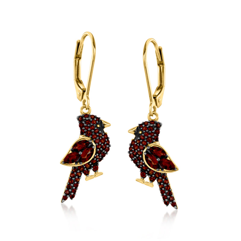 Gold over sterling cardinal drop earrings with red and black pave stones, leverback