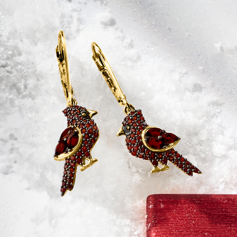 Leverback cardinal drop earrings with gold hooks, red oval accents and black pave