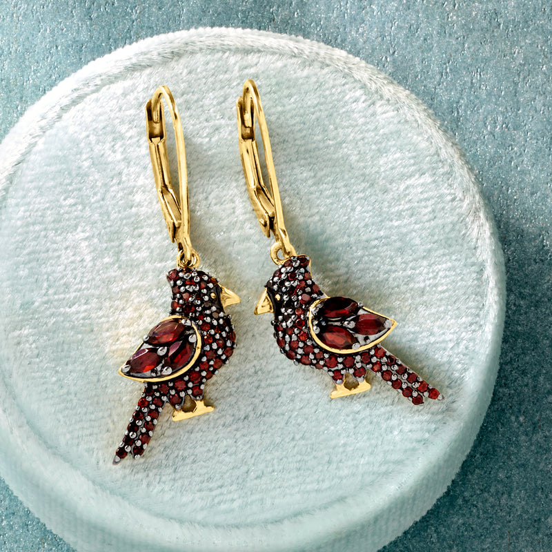 Cardinal drop earrings with gold leverbacks, red oval stones and black pave detail