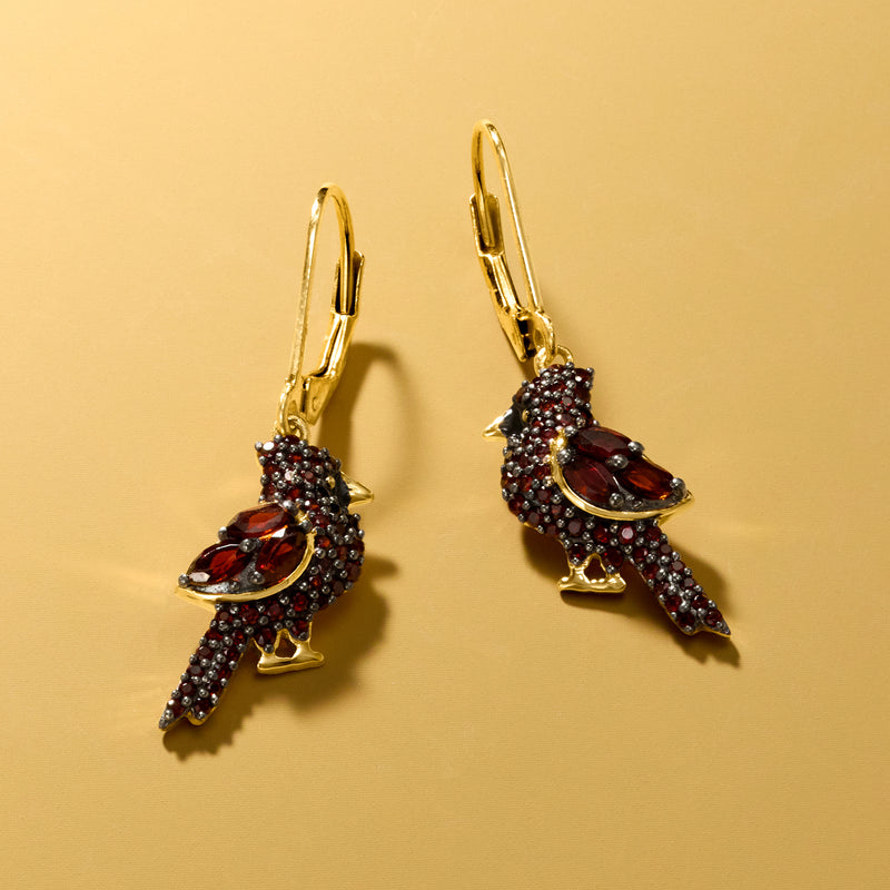 Gold leverback cardinal drop earrings with red oval stones, black pave and extended tail