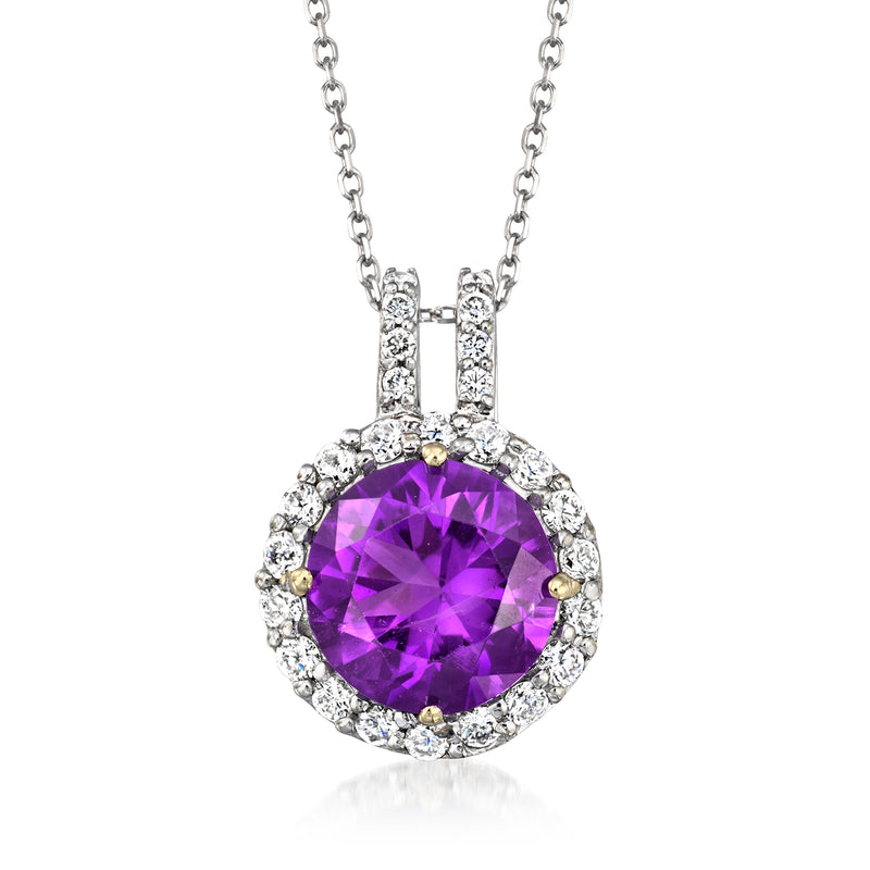 Round amethyst pendant necklace with diamond halo on white gold chain