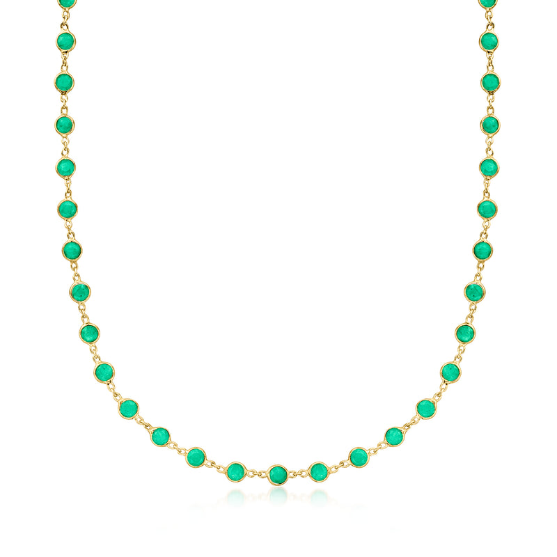 Gold necklace with bezel-set emerald teardrop stones on a delicate chain