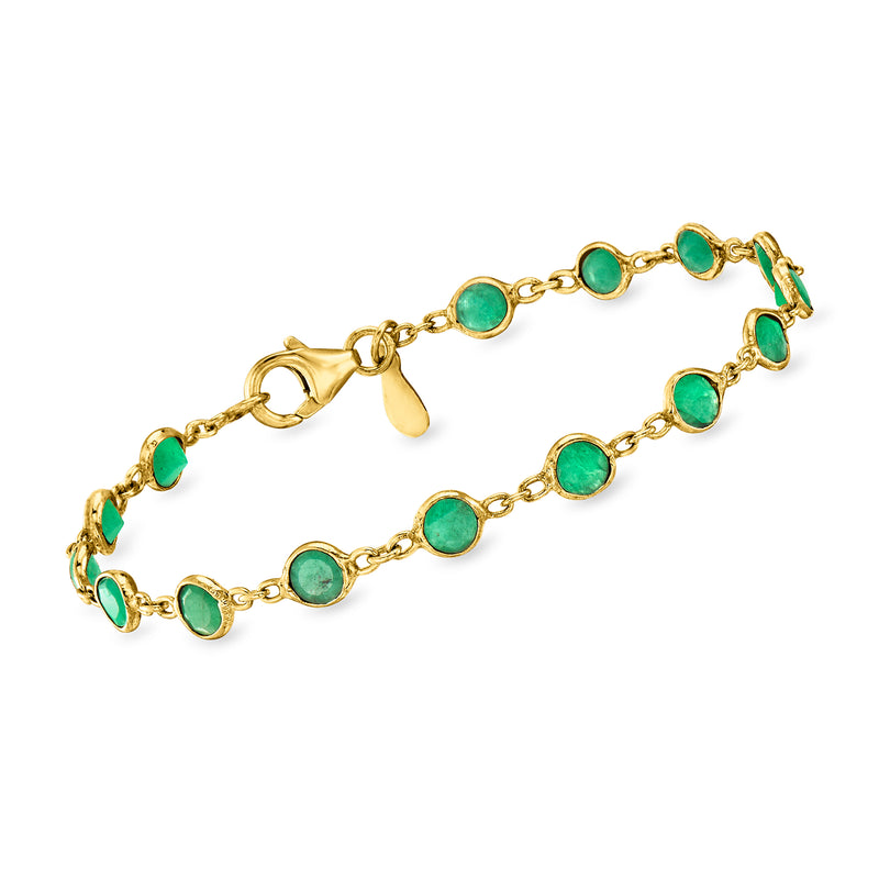 Gold bezel-set bracelet with oval green gemstones and circular links