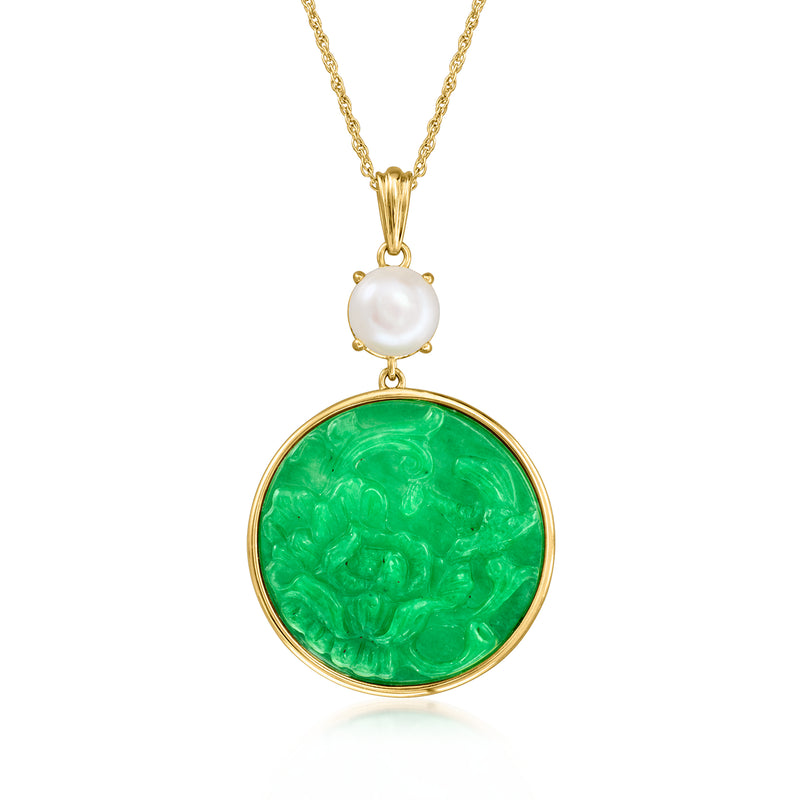 Gold pendant necklace with round green jade charm and white cultured pearl drop
