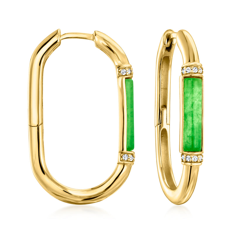 Gold hoop earrings with rectangular green gemstone inset and small clear stone accents