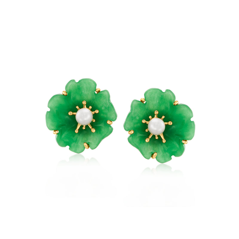 Green jade flower stud earrings with white pearl centers and gold posts