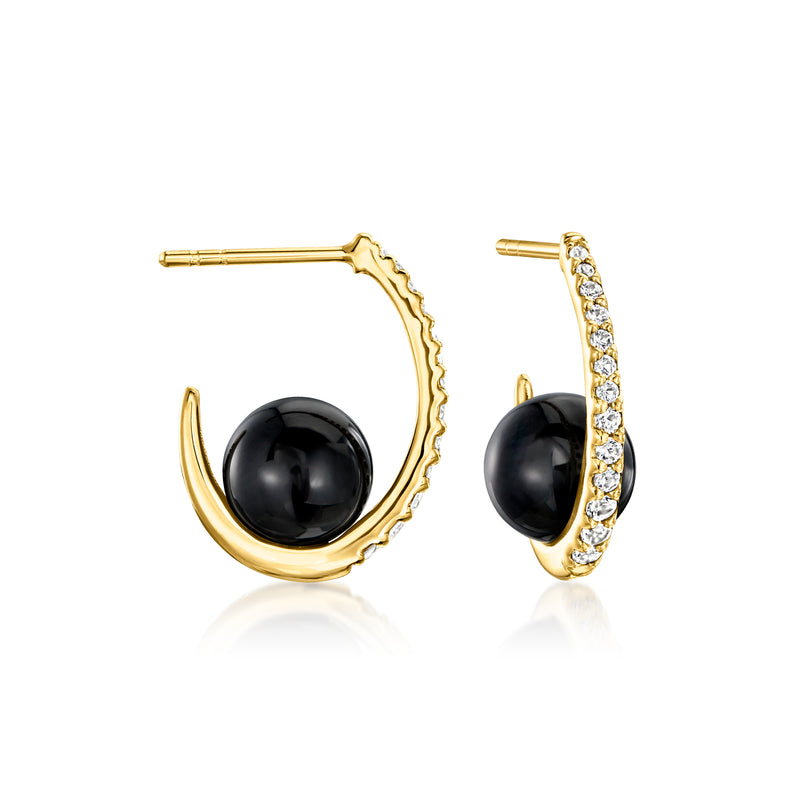 Gold hoop earrings with black round onyx center and clear stone halo