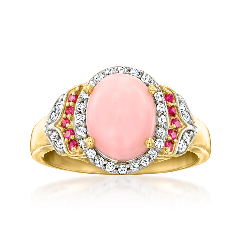 Oval pink opal ring with diamond halo, pink sapphire accents, 18kt gold band