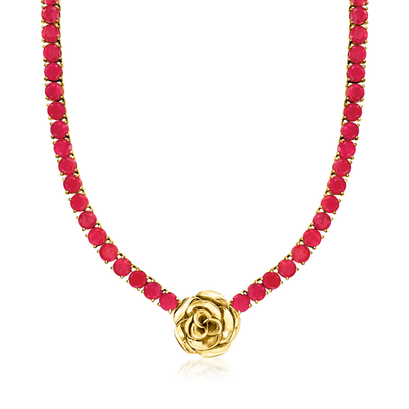 Gold over sterling necklace with oval ruby-red gemstones and a round flower clasp