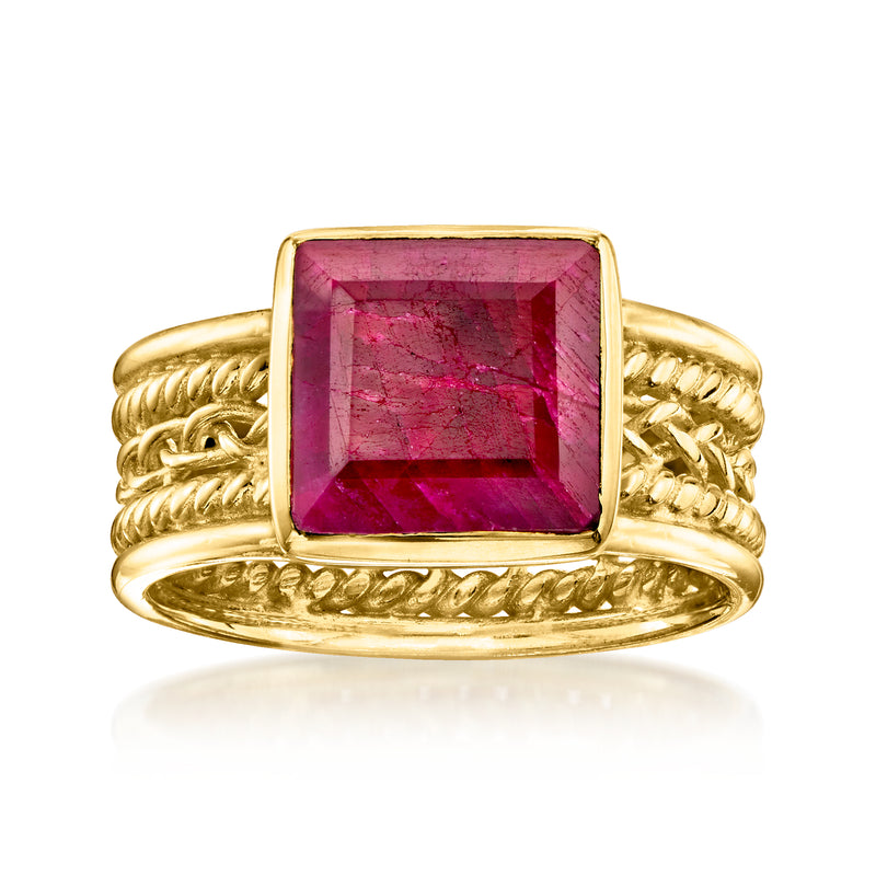 Etruscan-style ruby ring with cushion-cut rectangular gem in gold setting
