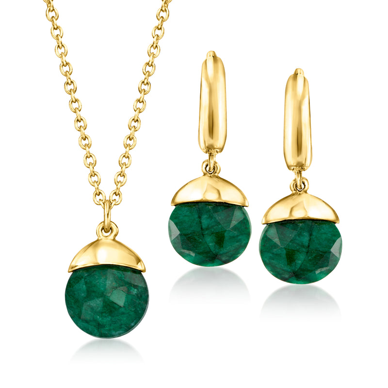 Gold-plated emerald jewelry set with round green drop earrings and matching pendant necklace