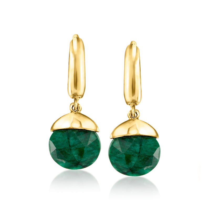 Gold drop earrings with oval hoops and round green emerald-style stones