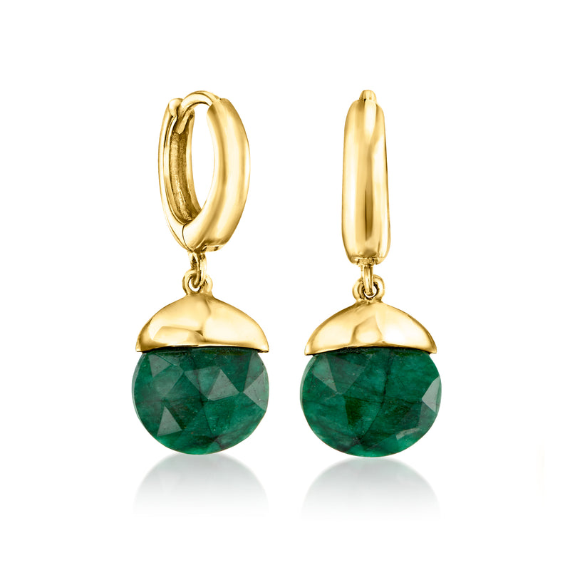Gold drop earrings with round green stones and polished oval hoop tops