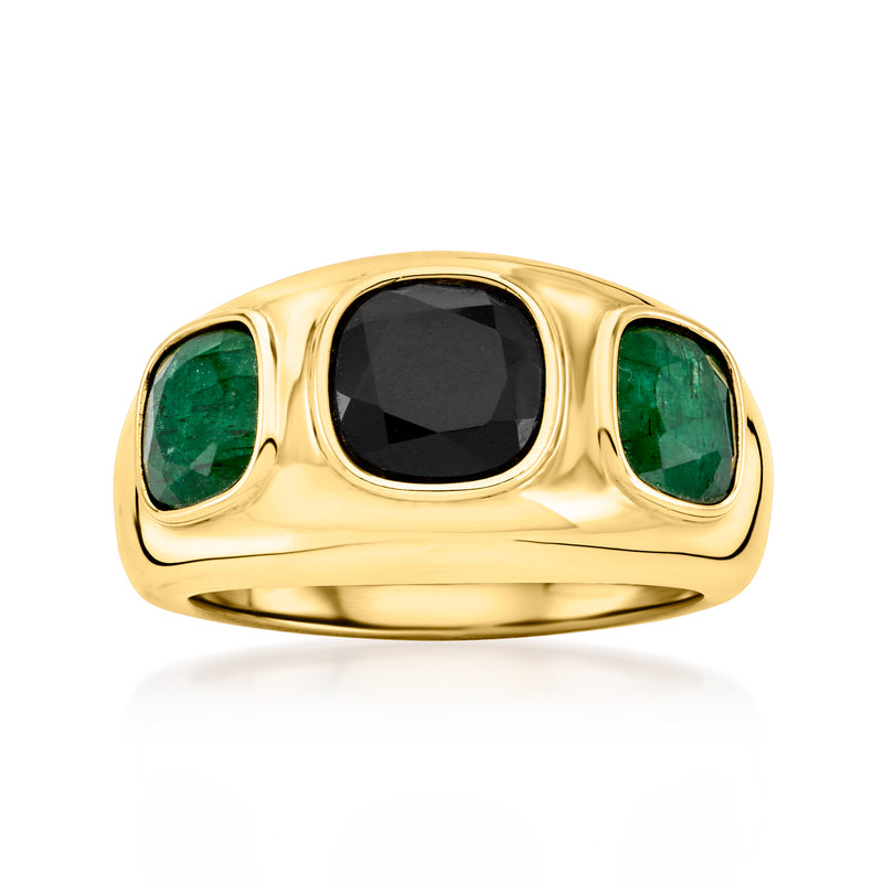Gold over sterling onyx and emerald bezel ring, oval black center with two green stones