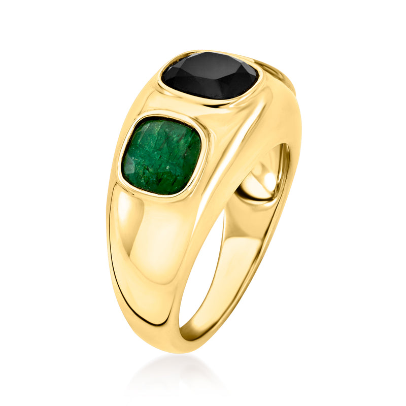 Gold over sterling onyx and emerald ring, side view with oval black center and green stones