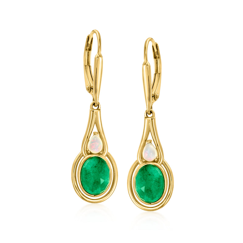18kt gold over sterling drop earrings with emerald-cut green stone and opal accents, leverback