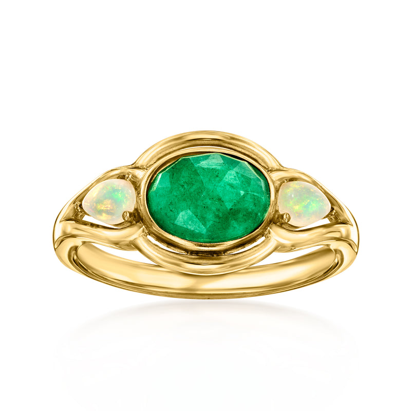 Gold over sterling ring with oval emerald-cut green center stone and two opal side gems