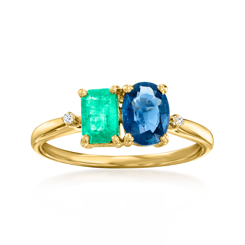 14kt yellow gold toi et moi ring with emerald and oval sapphire, diamond accents