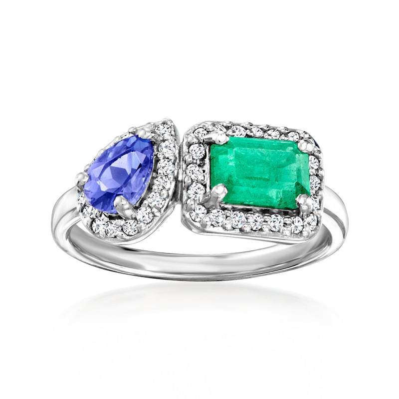 14kt white gold toi et moi ring with green emerald, blue tanzanite, diamond accents