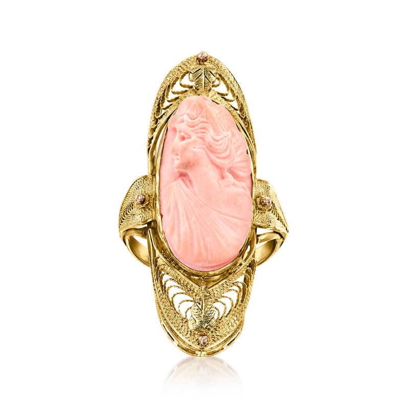 10kt yellow gold cameo ring with pink coral oval center and ornate filigree