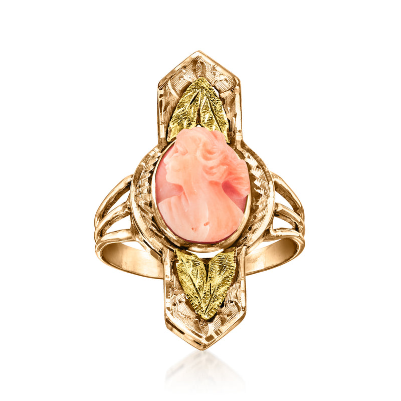 Two-tone gold vintage ring with oval pink coral cameo and ornate filigree