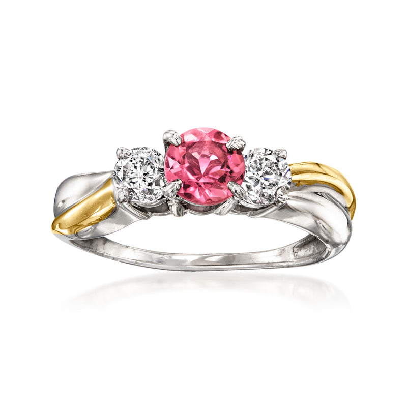 Vintage 14kt two-tone gold ring with pink tourmaline center and diamond accents.