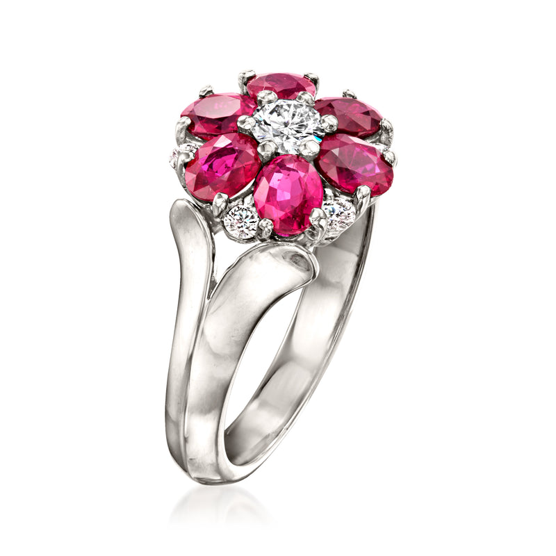 Side view 18k white gold ring with oval ruby petals and round diamond center