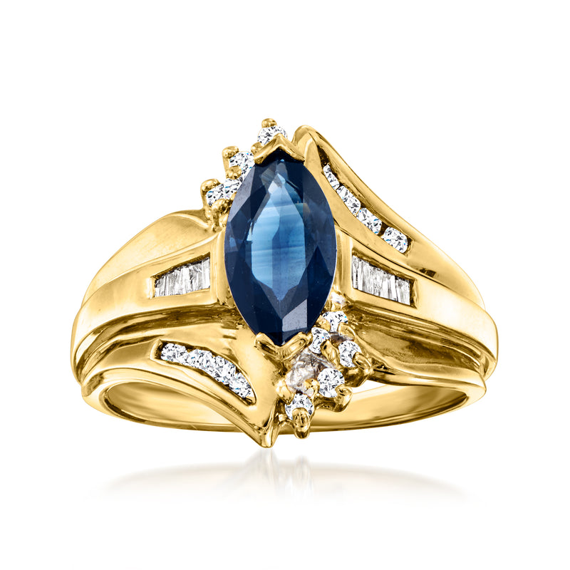14kt yellow gold vintage ring with oval blue sapphire and diamond accents
