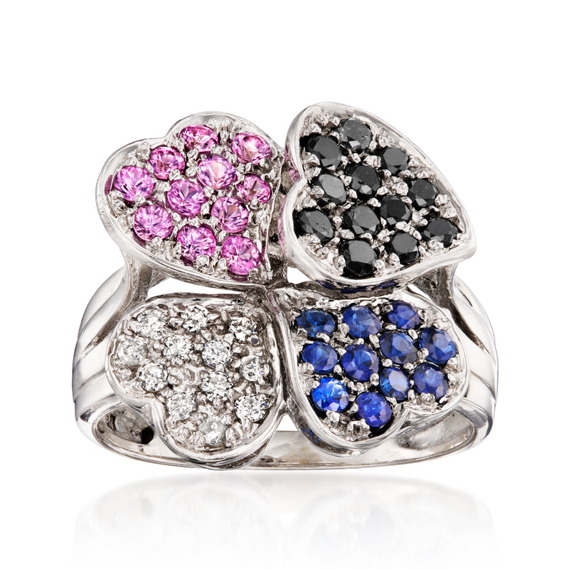14kt white gold clover ring with pink and blue sapphires, diamond accents