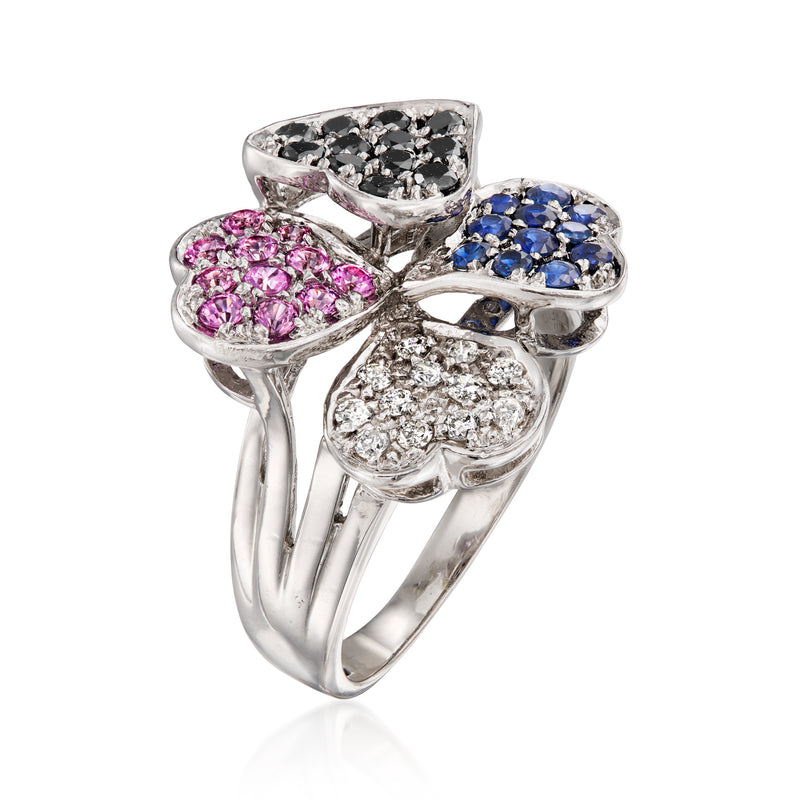 14kt white gold clover ring with pink, blue, black and white diamond stones