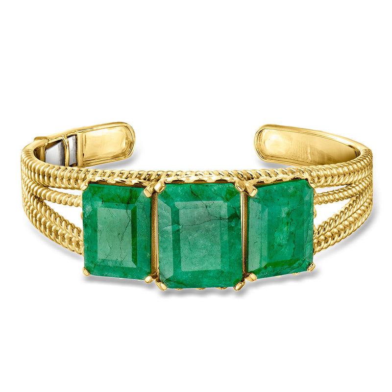 Emerald green stone cuff bracelet in gold-tone setting with three rectangular center stones