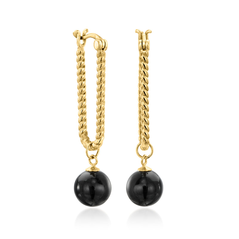 Gold hoop link earrings with black onyx ball drops